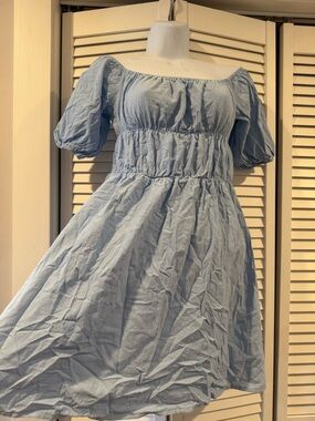 Light Blue Puff Sleeve Smocked Waist Dress